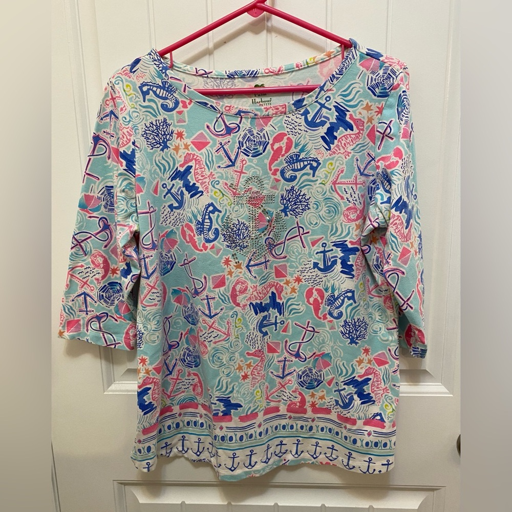 Palm Harbour nautical themed 1/4 sleeve top. Size XL Petite. Sparkle anchor